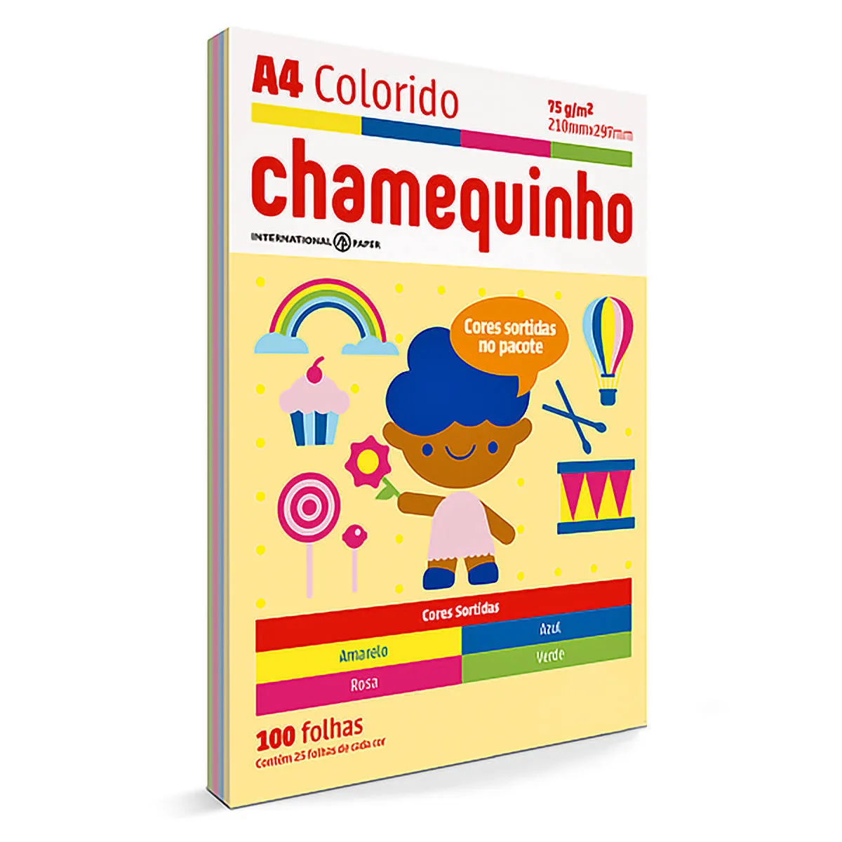 Papel Chamequinho 4 Cores Amarelo Azul Rosa Verde com 100 folhas (25 cada cor) A4 210x297mm